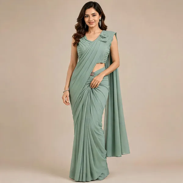 Sage_Green_Lycra_Saree_Blouse_And_Dupatta_For_women