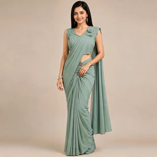 Sage_Green_Lycra_Saree_Blouse_And_Dupatta_For_women