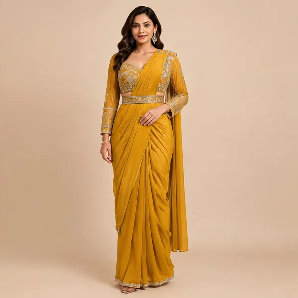 Yellow_Lycra_Saree_Blouse_And_Dupatta_For_women
