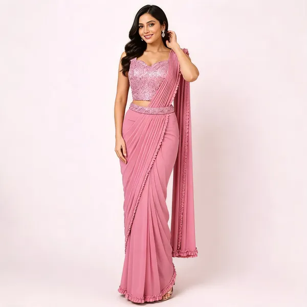 Pink_Lycra_Saree_Blouse_And_Dupatta_For_women