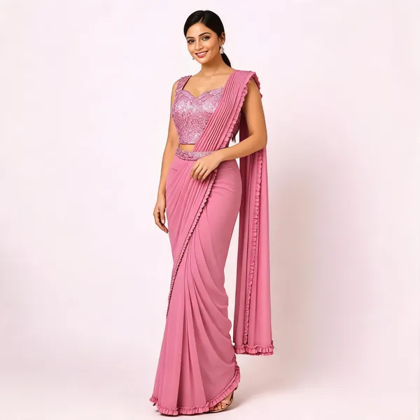 Pink_Lycra_Saree_Blouse_And_Dupatta_For_women