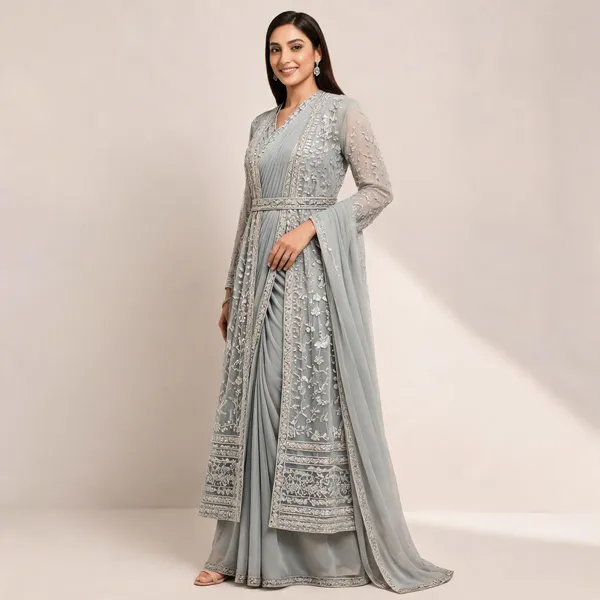 Green_Lycra_Saree_Blouse_And_Dupatta_For_women