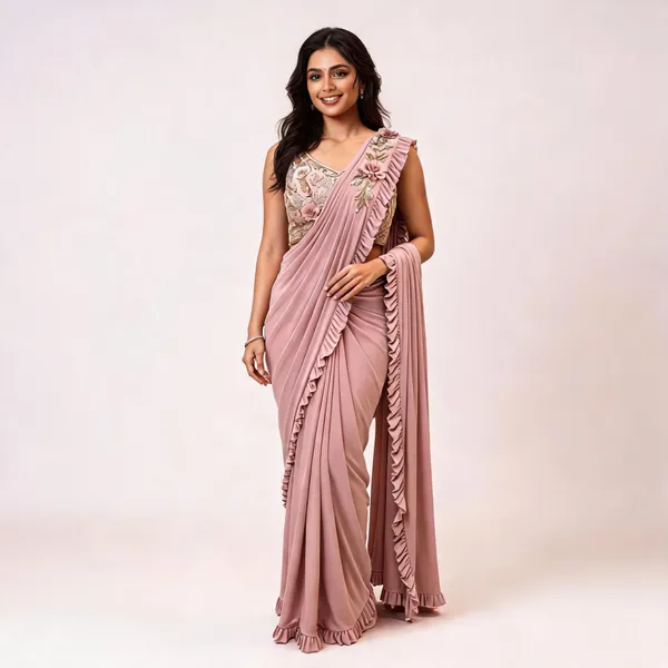 Rose_Pink_Lycra_Saree_Blouse_And_Dupatta_For_women