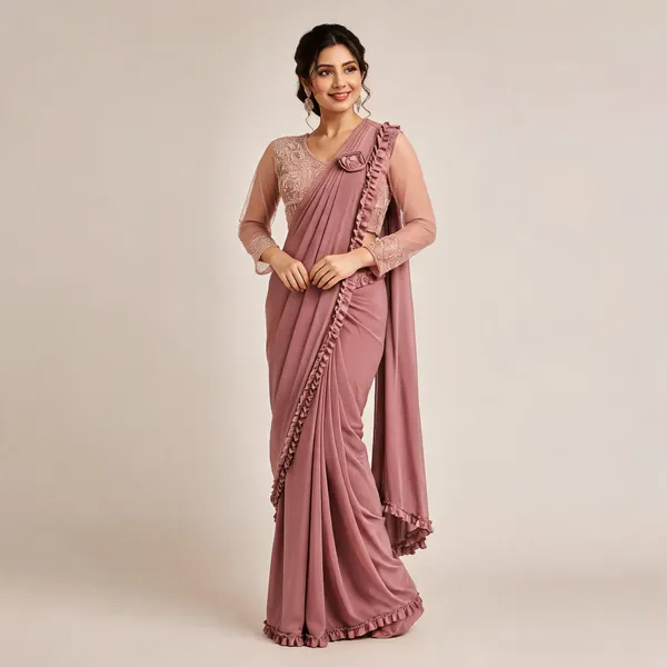 Rose_Pink_Lycra_Saree_Blouse_And_Dupatta_For_women