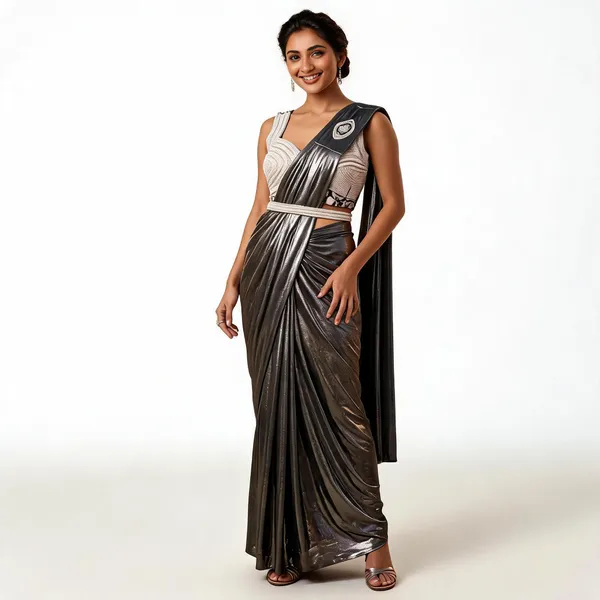 Grey_Black_Lycra_Saree_Blouse_And_Dupatta_For_women