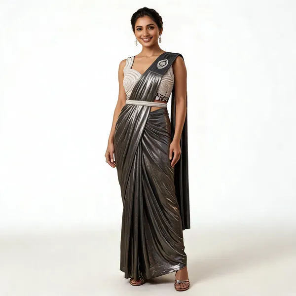Grey_Black_Lycra_Saree_Blouse_And_Dupatta_For_women
