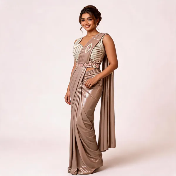 Beige_Lycra_Saree_Blouse_And_Dupatta_For_women