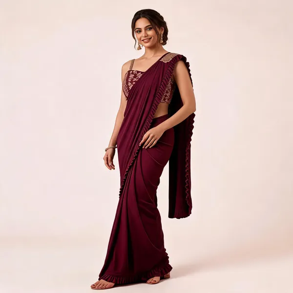 Wine_Lycra_Saree_Blouse_And_Dupatta_For_women