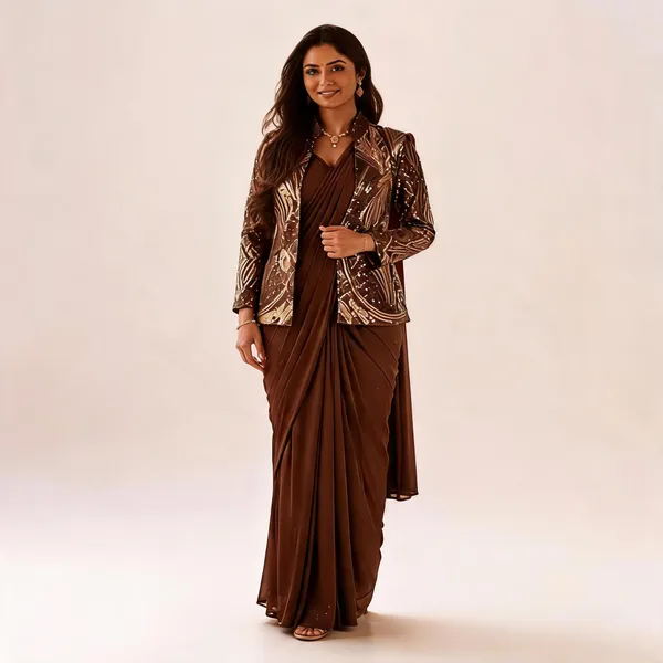 Brown_Lycra_Saree_Blouse_And_Dupatta_For_women