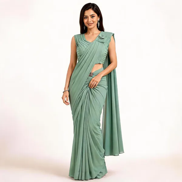 Sage_Green_Lycra_Saree_Blouse_And_Dupatta_For_women