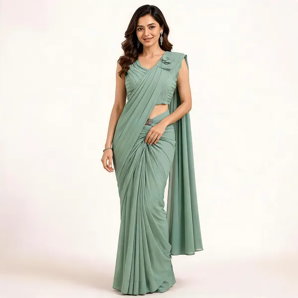 Sage_Green_Lycra_Saree_Blouse_And_Dupatta_For_women