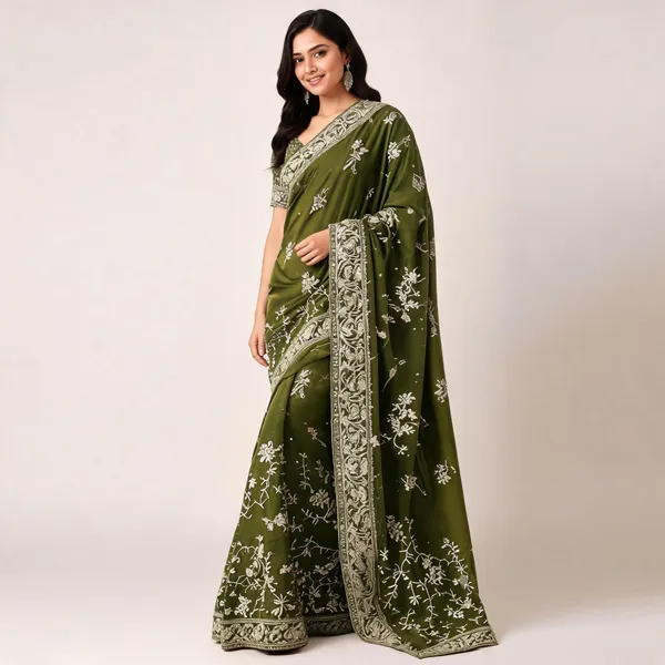 Olive_Green_Lycra_Saree_Blouse_And_Dupatta_For_women
