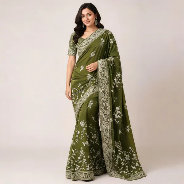 Olive_Green_Lycra_Saree_Blouse_And_Dupatta_For_women