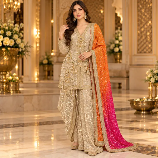 Beige_Indo-western_Angrakha_With_Dhoti_Style_Multicolor_Duppatta_For_Women