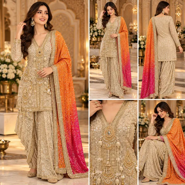 Beige_Indo-western_Angrakha_With_Dhoti_Style_Multicolor_Duppatta_For_Women