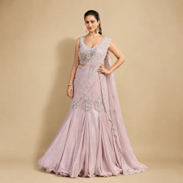 Rose_Pink_Lehenga_Saree_Indo-Western_For_Women