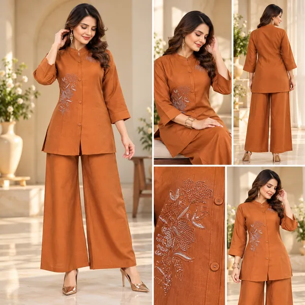 Rust_Cotton_Co-ord_With_Hand_Work_Set_For_Women