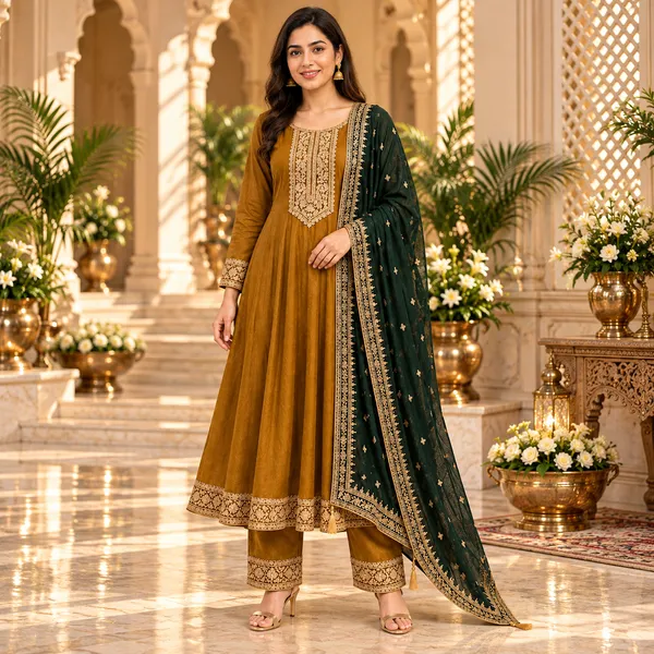 Yellow_With_Green_Anarkali_Set_For_Women