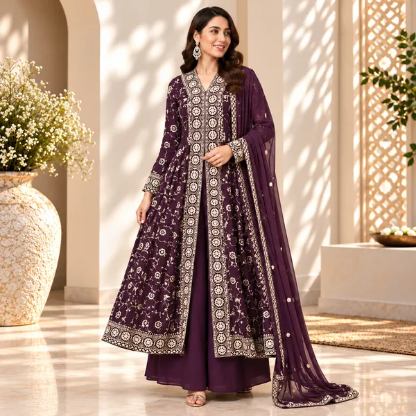 Wine_Embroded_Indo-Western_Georgette__Plazo_Set__For_Women