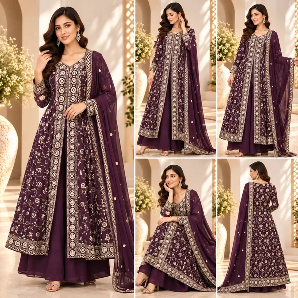 Wine_Embroded_Indo-Western_Georgette__Plazo_Set__For_Women