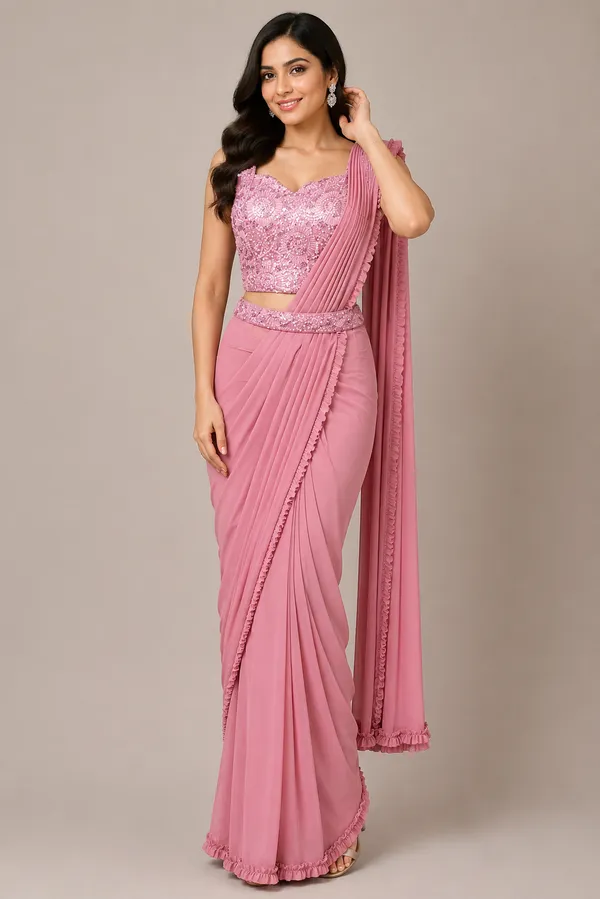 Pink_Lycra_Saree_Blouse_And_Dupatta_For_women