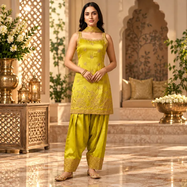 Yellow_Chinon_Satin_Farshi_Salwaar_Set_For_Women