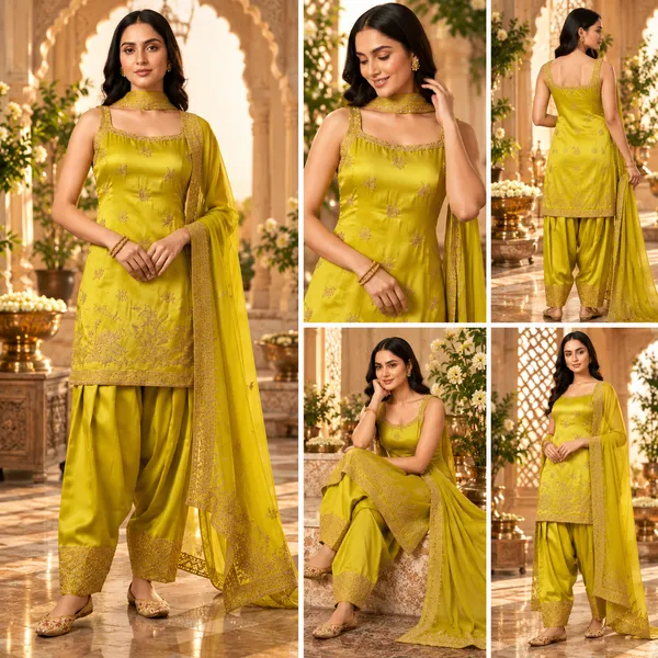 Yellow_Chinon_Satin_Farshi_Salwaar_Set_For_Women