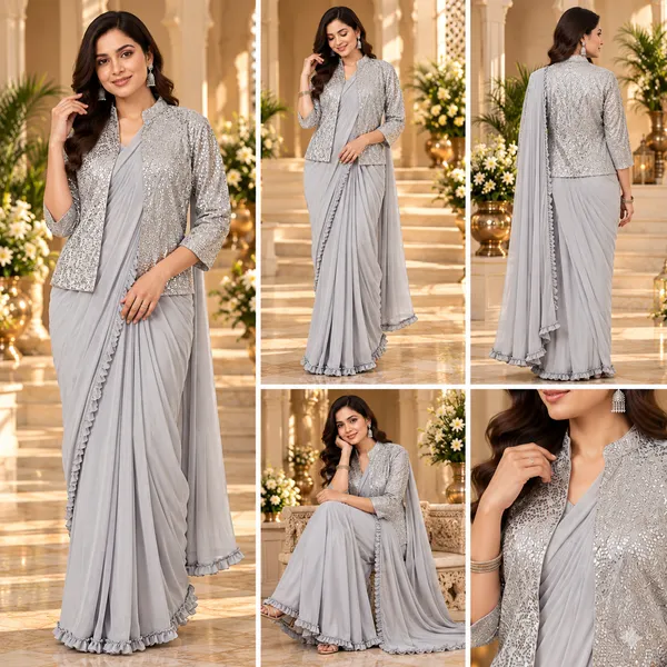 Grey_Lycra_Readymade_Saree_With_Jacket_For_women