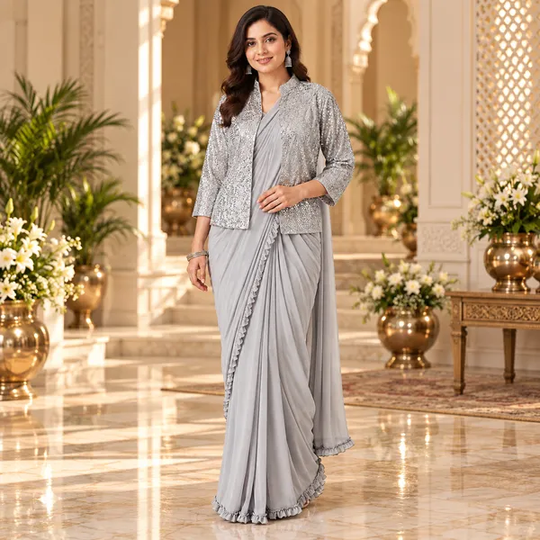 Grey_Lycra_Readymade_Saree_With_Jacket_For_women