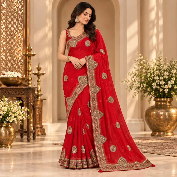 Red_Georgette_Saree_With_Blouse_Piece_For_women