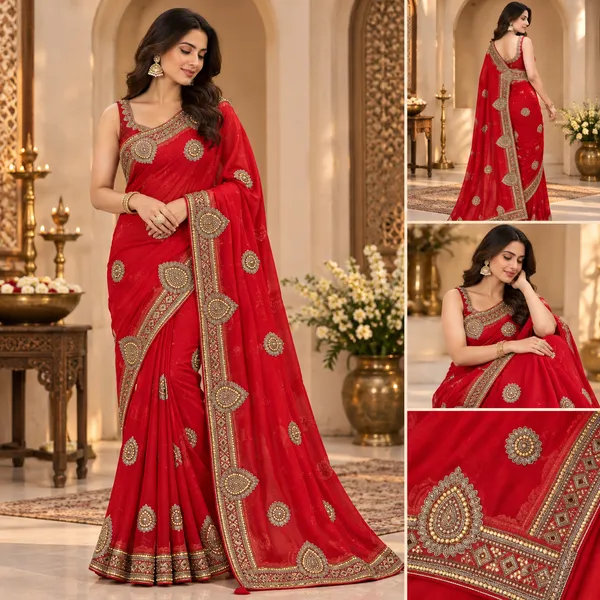 Red_Georgette_Saree_With_Blouse_Piece_For_women