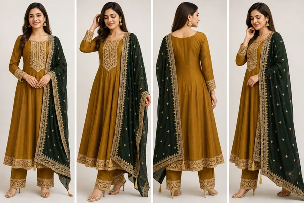 Mustard_Yellow_Vichitra_Anarkali_With_Contrast_DupattaTop_Pant_Dupatta_Set_For_Women