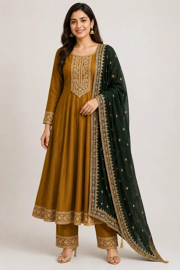 Mustard_Yellow_Vichitra_Anarkali_With_Contrast_DupattaTop_Pant_Dupatta_Set_For_Women