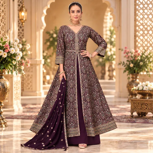 Wine_Georgette_Indo-Western_Plazo_Set_For_Women
