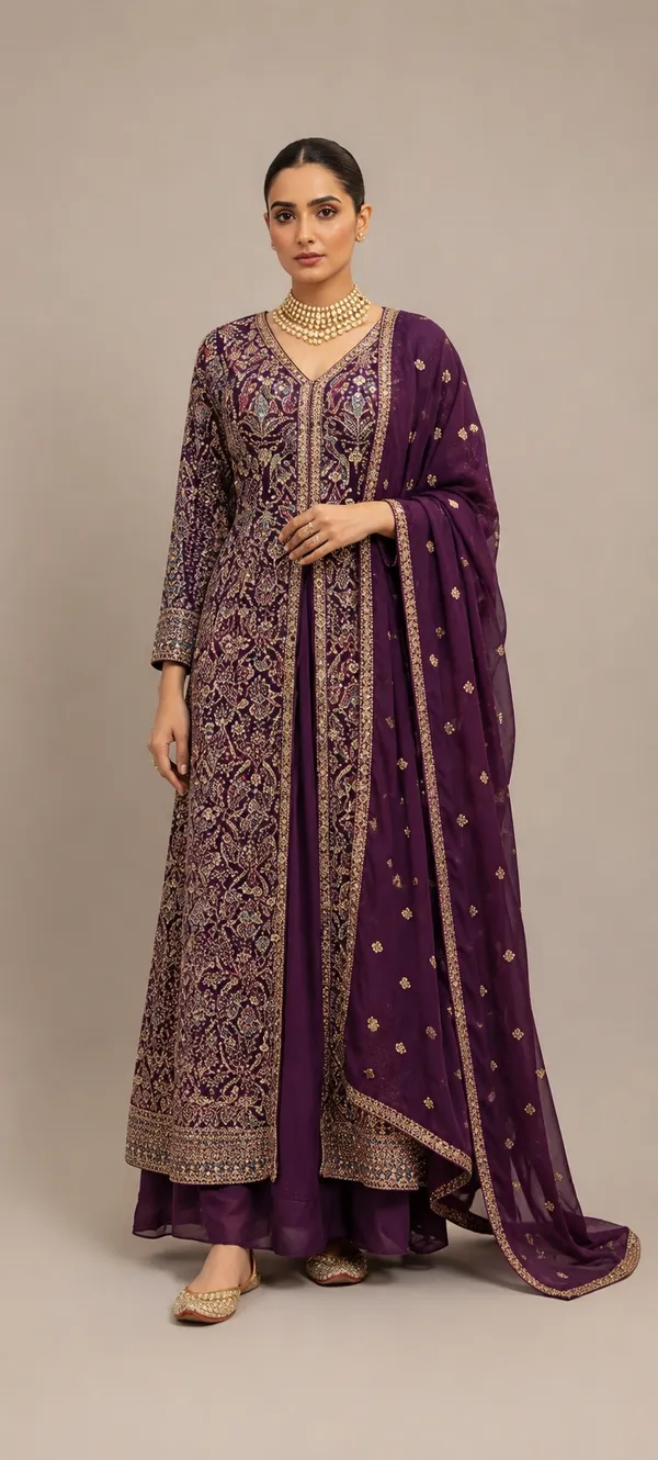 Wine_Georgette_Kurta_Set_For_Women