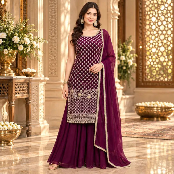 Wine_Georgette_Plazo_Set_For_Women