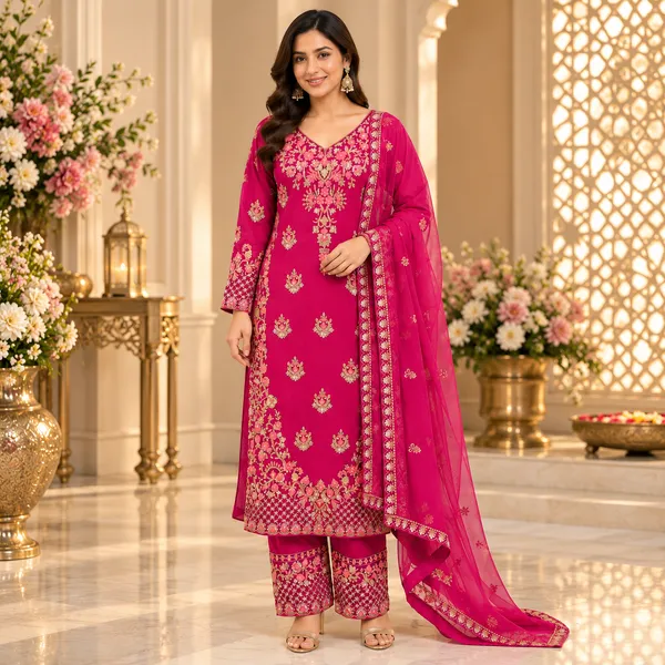 Rani_Pink_Beats_Work_Long_Top_Georgette_Pant_Set_For_Women