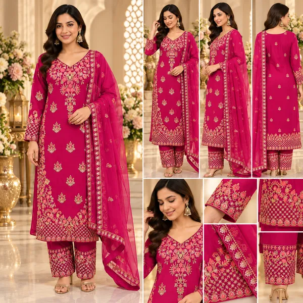 Rani_Pink_Beats_Work_Long_Top_Georgette_Pant_Set_For_Women