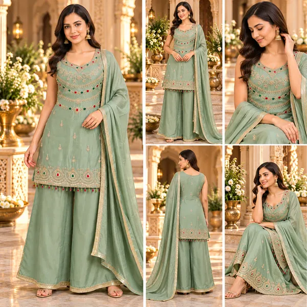 Olive_Green_Silk_Plazo_Set_For_Women