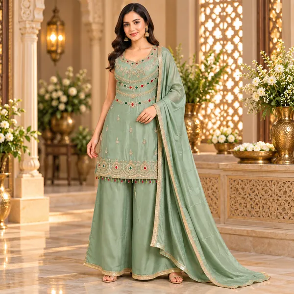 Olive_Green_Silk_Plazo_Set_For_Women