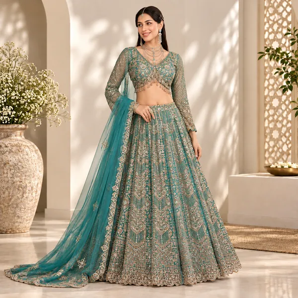 Firozi_Cotton_Lehenga_Blouse_And_Dupatta_For_Women