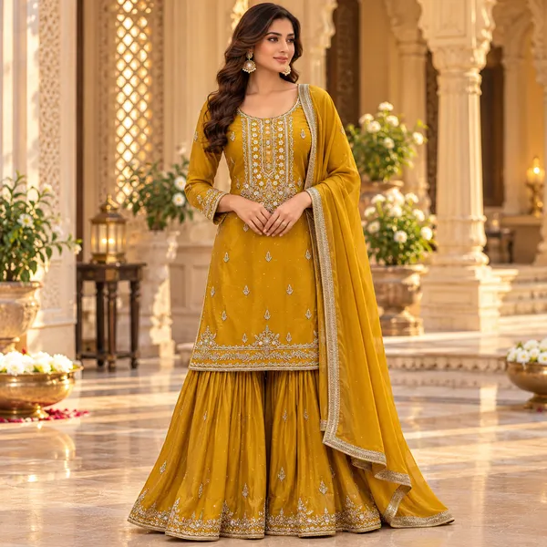 Yellow_Vichitra_Hand_Work_Gharara_Set_For_Women
