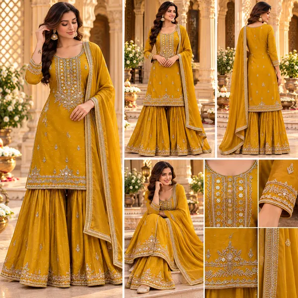Yellow_Vichitra_Hand_Work_Gharara_Set_For_Women