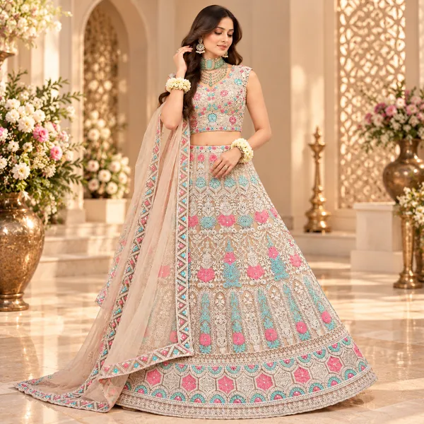 Beige_Net_Lehenga_Blouse_And_Dupatta_For_Women