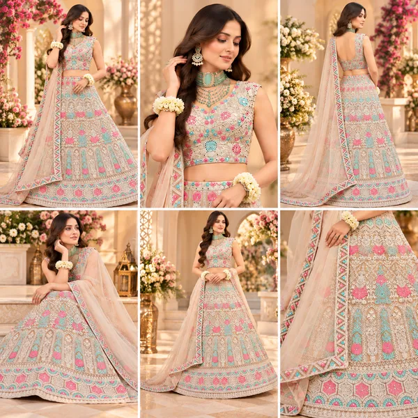 Beige_Net_Lehenga_Blouse_And_Dupatta_For_Women