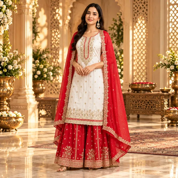White_With_Red_Plazo_Set_For_Women