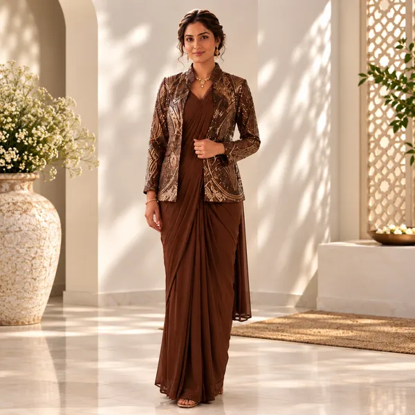 Brown_Lycra_Saree_Blouse_And_Dupatta_For_women