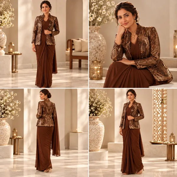 Brown_Lycra_Saree_Blouse_And_Dupatta_For_women