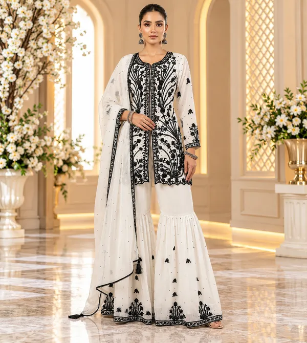 Black_&_White_Georgette_Hand_Work_Gharara_Set_For_Women