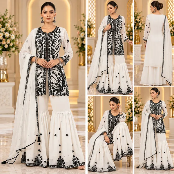 Black_&_White_Georgette_Hand_Work_Gharara_Set_For_Women